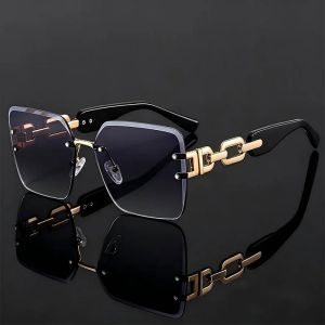 New Square Rimless Sunglasses With Chain Frame Women Gradient UV400 Sun Glasses Men Vintage Brand Shades Luxury Design Eyewear