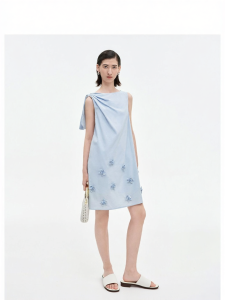 Summer New Lace Up Bead Flower Dress Tencel Cotton Blend