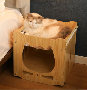 【High Quality】Wood Cat House With Hammock 2 In 1 Cat Bed DIY Stackable Square Wood Cage Cat Villa 叠加猫窝