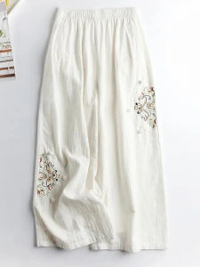 Spring Ethnic Style Womens Embroidered Wide Leg Trousers