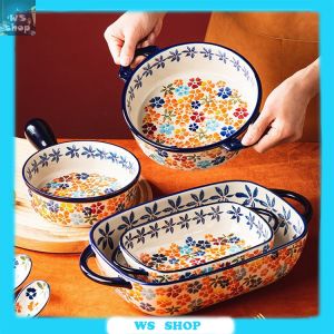 Colorful Flower Shadow Baking Bowl Net Red Handle Bowl Ceramic Oven Special Baking Plate  Household Two-Ear Baking Bowl Instant Noodle Soup Bowl
