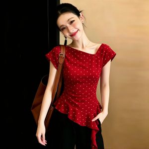 SHUAIYUE | Áo Thun Chấm Bi Đỏ Làm Trắng Da Viền Xòe Dáng Bèo