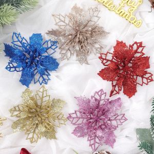 5Pcs 9cmตกแต่งคริสต์มาสGlitterประดิษฐ์ดอกไม้Xmas TreeพวงหรีดGarlandเครื่องประดับสําหรับHomeใหม่ปี 2026 Navidad Decor