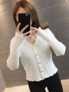 Fashionable Short Knitted V-Neck Cardigan Womens Spring Autumn Wear KEQILI Commute Style Slim Fit Long Sleeve Pure Color