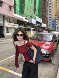 Red Spicy Girl Unique One-Shoulder Sash Short-Sleeve T-Shirt Knitwear Womens Summer Beautiful Shoulder Baring Top
