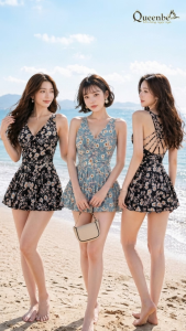 Bộ đồ bơi nữ quần đùi liền trong có big size Queenbe GLSWIM097 có mút độn ngực vải thun Lycra mềm co giãn ít thấm hút mau khô