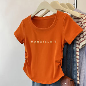 Ôm Vừa Vặn Áo Thun Cổ Chữ U Tay Ngắn Nữ Thời Trang Mùa Hè Thiết Kế Màu Bí Ngô Áo Cotton Vải Bông Quần Áo Bảo Hộ Lao Động In 3d Phối Vải