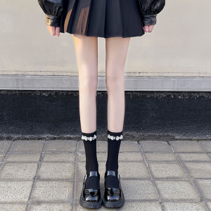 Black Pearl Trim Cotton Socks Womens Mid-Calf Mary Jane Shoes Spring Autumn Flats Small Leather Shoes Pure Cotton Bulk Socks