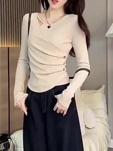 Fashionable Long Sleeved T-shirt Base Shirt Womens Waist Cinched Slim Fit and Slimming Plus Size Design Sense Top