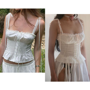 Original Pure Desire French Holiday Style รัดเอวเซ็กซี่ ลูกไม้ชาย สายรัด คอวี แขนกุด ผ้าฝ้ายโพลีเอสเตอร์ ชุดนอนฤดูร้อนสำหรับสาวๆ