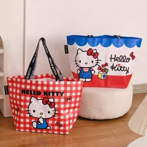 Takara Tomy | Anime Hello Kitty Woven Shopping Bags Folding Portable Shopping Bag KT Cat Cartoon Foldable Portable Outdoor Shoulder Bag Gifts