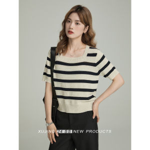 Slimming Loose Knitted Short Sleeve T-Shirt Womens Summer New Design Hollow out Stripe Pattern Breathable Comfortable Top