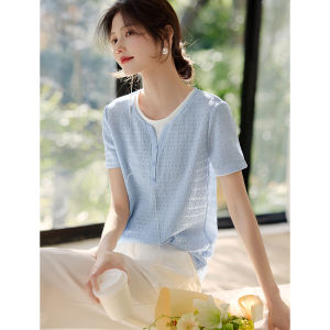 เสื้อยืดแขนสั้นผู้หญิง XWI ลายตัดต่อ ทรงสลิมฟิต ทรงเข้ารูป แขนยาว ปกกลม ผ้าโพลีเอสเตอร์ผสมยางยืดสำหรับฤดูร้อน