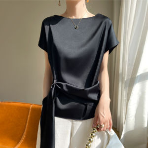 Fashionable Silk Satin Loose Short Sleeve One-Shoulder Top for Women Elegant Pure Color Summer New Style Versatile Korean Version