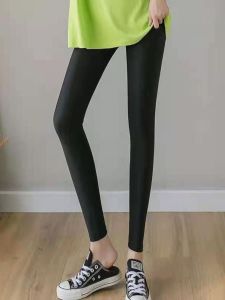 Ice Silk Leggings for Women Outwear Summer Close-Fitting Fleece Ninth plus Size High Waist Slimming and Warm Stretch Yoga Pants