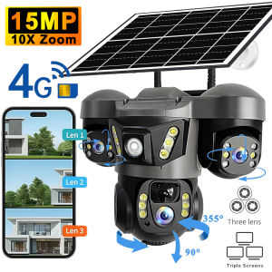 V380 Pro 15MP Solar Camera Three Lens Audio Outdoor IP66 Waterproof Built-in Battery Security CCTV HD 4G SIM Card Network Camera