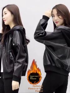 Loose Short Thickened Fleece Womens Leather Jacket Casual Large Size Outerwear Coat Slimming Effect Spring Autumn Winter Korean Style