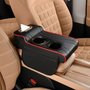 Car Center Console Armrest Cushion with Dual Cup Holders Tissue Box Side Pocket PU Leather Arm Rest Cover for Universal Cars