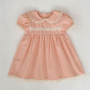 2026 New Summer 2-6Yrs Kids Princess Short Sleeved Solid Color Dresses Sister Clothing Cotton Baby Birthday Party Lace Dress