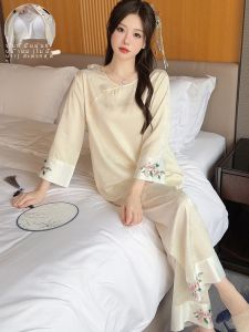สไตล์จีนใหม่ ชุดนอน ผู้หญิง ฤดูร้อน ผ้าไหม น้ําแข็ง ผ้าไหม แขนยาว กางเกงขายาว ลายดอก ชุด หวาน เสื้อผ้าบ้านผ้าบาง