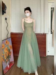 Xzy Plus Size Ladies French Style Gentle Open Back Mesh Spaghetti-Strap Dress Womens Summer Silm Slimming Fairy Lady Skirt