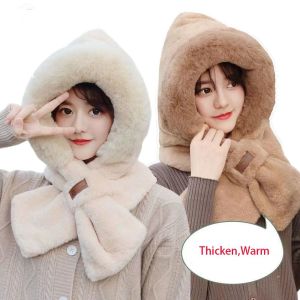 GOLFDIN Plush Integrated Cap Scarf Windproof Thickening Ear Protection Cap Winter Casual Beanie Hat Scarf for Women