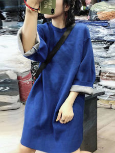 เสื้อสเวตเตอร์คอกลมแขนยาวทรงหลวมสไตล์เกาหลีสำหรับผู้หญิงในฤดูใบไม้ผลิและฤดูใบไม้ร่วง สีน้ำเงิน ทรงหลวม ลำลอง เสื้อคลุมกันหนาวแบบบาง