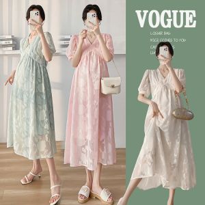 Maternity Dress Summer Gentle Solid Color V-neck High Waist Floral Lace Dress Pregnant Women Dress