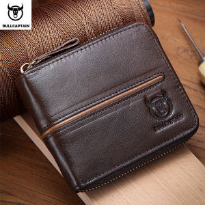Bullcaptain retro RFID zipper with compartment mens wallet RFID credit card holder anti-theft leather mini mens wallet