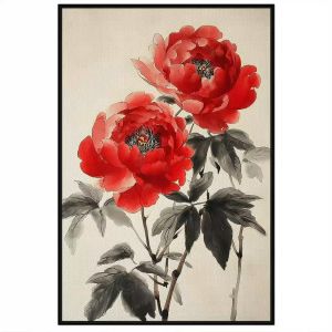 Tranh thủy mặc hoa mẫu đơn đỏ phong thủy hút tài lộchạnh phúc.Tranh treo tườngdán tường.CGI-1329
