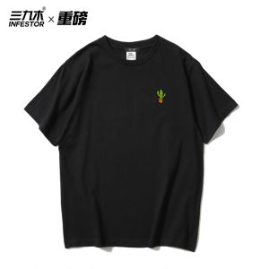 Loose Cotton round Neck T-Shirt for Men with Cactus Print American Style Streetwear Hip Hop Loose Fit Heavyweight Cuff T-Shirt