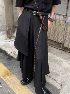 Retro Layered Samurai Dark Style Irregular National Wind Tassel Black Wide Leg Pants Design Loose West Pants Men Casual Trousers