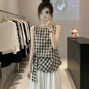 Áo Sơ Mi Không Tay Họa Tiết Carô Ôm Body Kích Thước Lớn Kiểu Ngắn Có Đai Dây