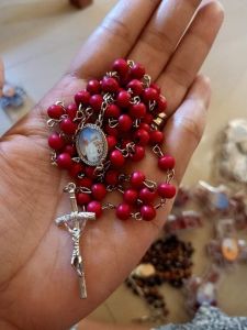 Blessed Scented Wood Rosary Necklace from Rome with Free Cross Shape Acrylic Case Perfect for Giveaways and Souvenirs in Rose Petals Scent