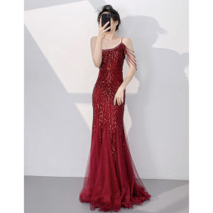 Luxury Champagne One-shoulder Year Event Mermaid Sequin Evening Dress