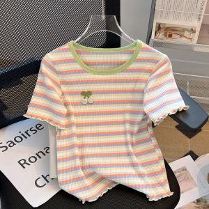 Summer Womens Short Sleeve T-Shirt Shoulder Line Design Slim Fit Striped Pattern Korean Style round Neck Top Fashionable Casual Wear