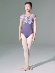daydance | Women Ballet Leotards Printed Mesh Ballet Dance Leotards False Two-piece Short Sleeve Ballet Dance Gymnastics Bodysuit for Adult