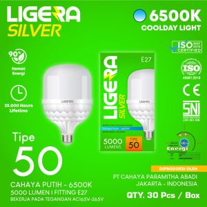 LIGERA SILVER 50W lampu LED Bulb cahaya putih 6500K E27
