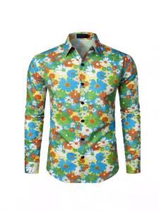 Halloween Hippie Mens Disco Hip-Hop Button Flower Retro Long Sleeve Shirt Print Flower Pullover Blouse Versatile Top