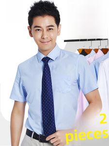 ROMON | Lormen Summer New Mens Short Sleeve Shirt Business Casual Anti-Wrinkle Workwear Lightweight Polyester Cotton Blend Shirt