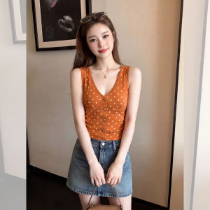 chaqi | Elegant Youth Dot V-Neck Waist-Fitted Camisole Top