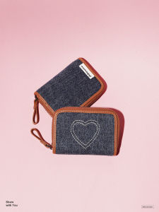 Momogigi Retro Denim Embroidered Heart Accordion Card Holder Large Capacity Simple Womens Coin Purse Youth Fashion Zipper Closure