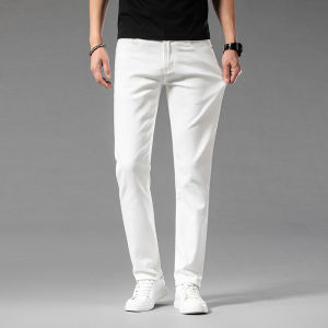 New High End Pure Cotton White Jeans Men Summer New Straight Leg Slim Fit Elastic Youth Casual Long Pants
