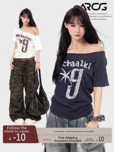 ARCG | Navy Blue Off-shoulder Retro Chic Short Top T-Shirt