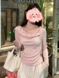 Plus Size Temperament Bow Bandage off-Shoulder Slim Fit Long-Sleeved T-shirt Womens Early Autumn New Design Sense Niche Top