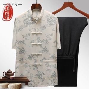 JIEFEIDI | Bộ Đồ Nam Trung Niên và Người Cao Tuổi từ Vải Ramie và Cotton Cổ Đứng Phong Cách Truyền Thống Trung Quốc