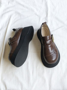 Womens Thick Bottom Flats Shoes Retro British Style JK Mini Leather Shoes with Buckle Heightening Ugly Cute Big Head Shoes