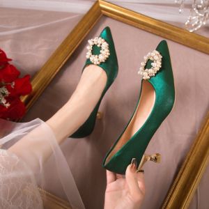 รองเท้าแต่งงานสีเขียว รองเท้าส้นสูงสำหรับผู้หญิง ทรงหัวแหลม ไม่ลื่น ดีไซน์เก๋ไก๋ รองเท้าส้นเดี่ยว รองเท้าแฟชั่นสำหรับผู้หญิง