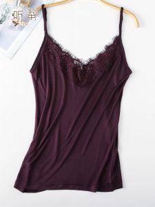 New 2025 Silk Knitted Camisole Base Shirt V-neck Lace Trim Eyelash Knitted Silk Vest Top Womens Sweet Style Four Seasons Universal