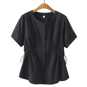 Loose Short Sleeve Summer Shirt for Middle-Aged Women Fashionable Maternity Top Belly Covering Casual Cotton Blend Blouse